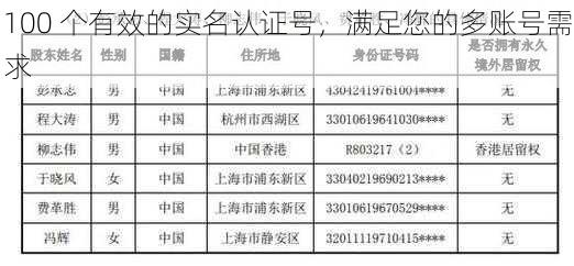 100 个有效的实名认证号，满足您的多账号需求