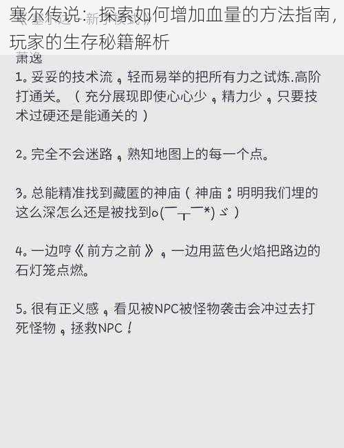 塞尔传说：探索如何增加血量的方法指南，玩家的生存秘籍解析